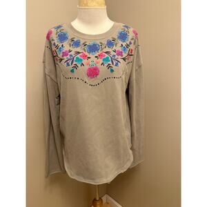 Natural Life Long Sleeve Floral Tee Raw Edge Taupe Sz Small